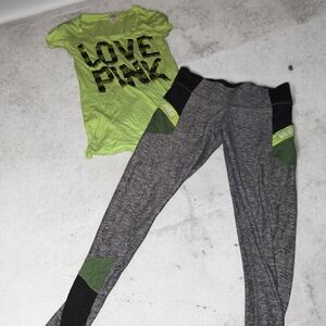 Victoria's Secret PINK Neon Lime 'LOVE PINK' Tee & Gray Leggings Set